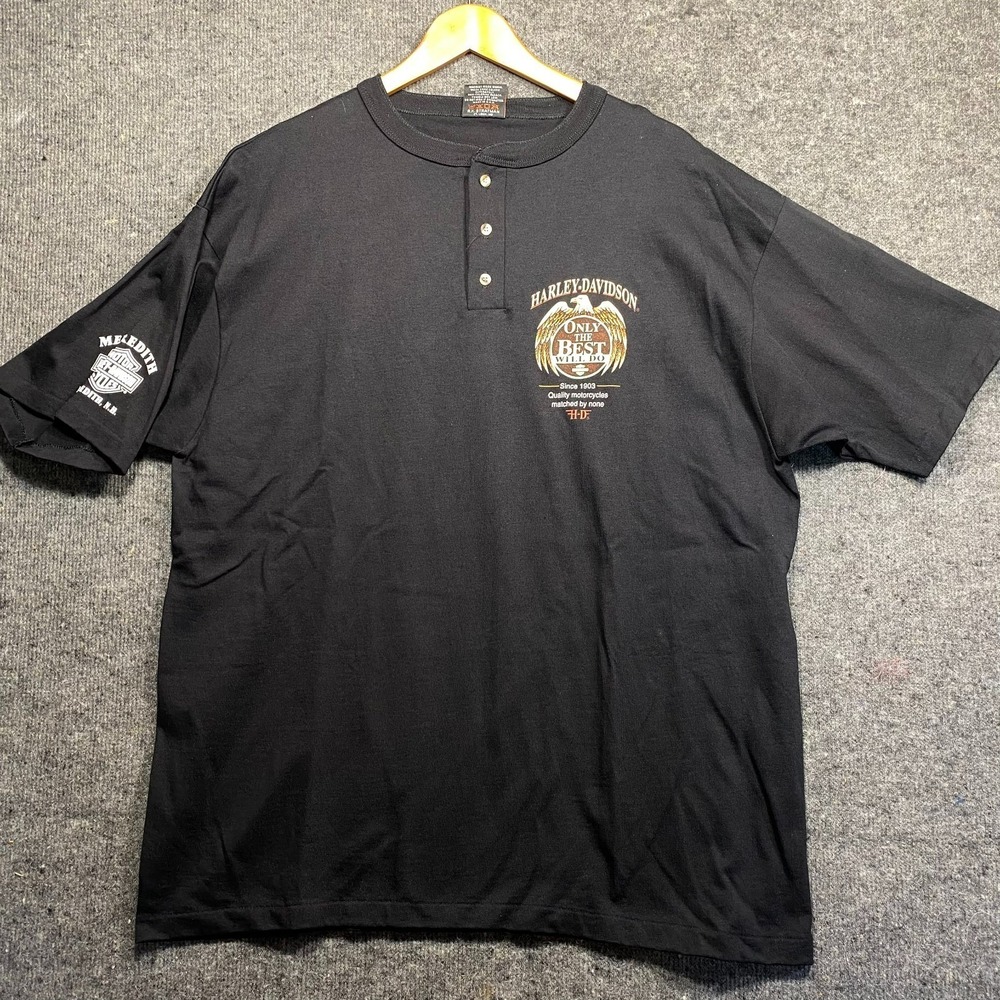 Harley Davidson Henley Shirt XL Eagle Logo Black USA Single Stitch Vintage